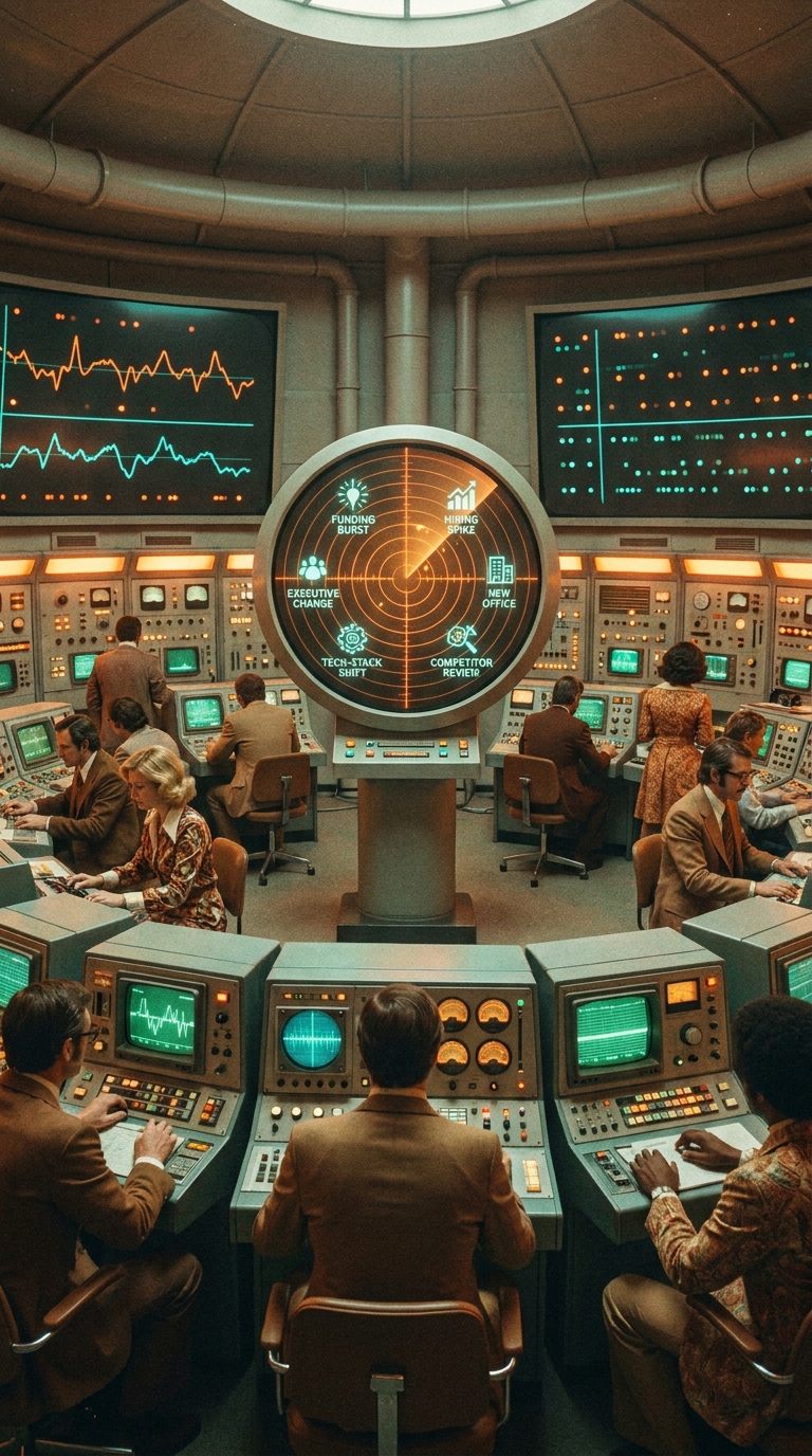 Retro-futuristic control room tracking how long each buying signal stays useful
