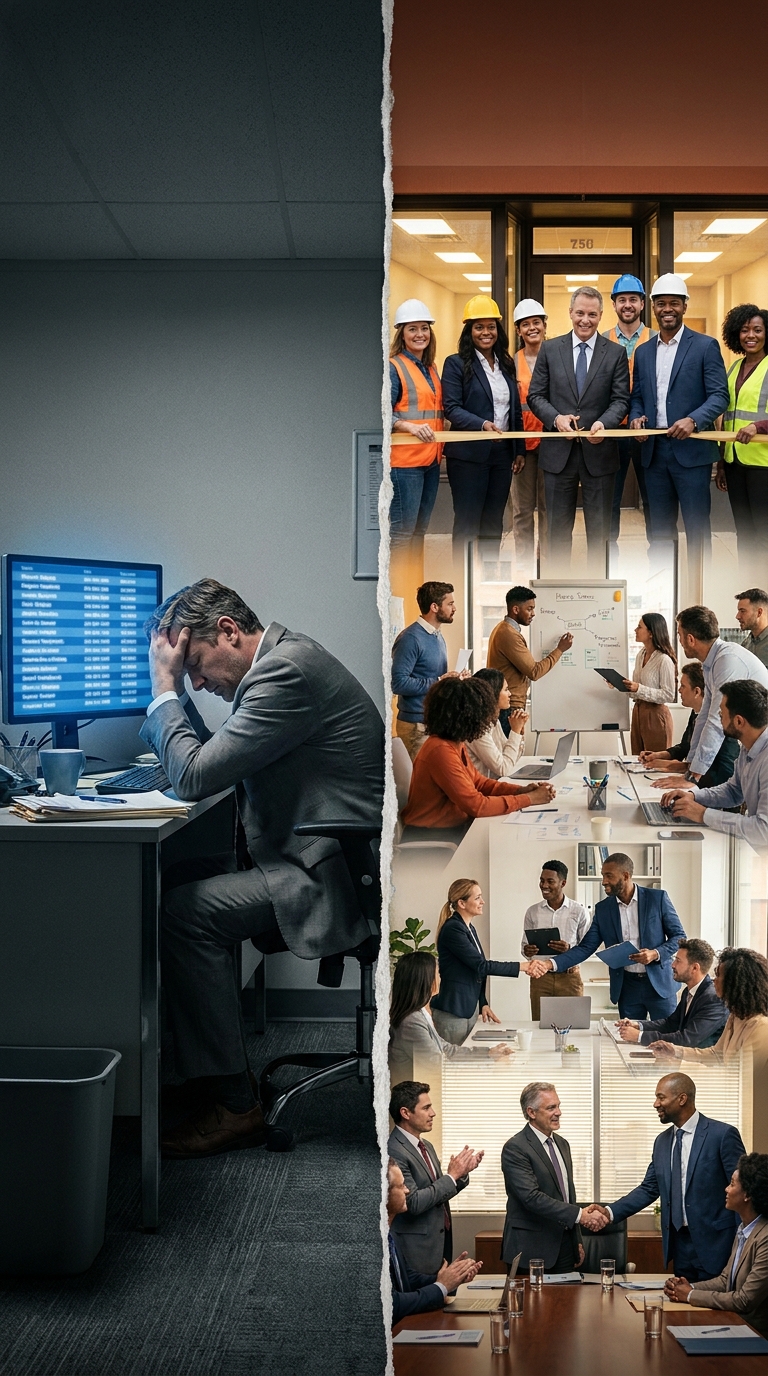 Salesperson holding a static database while live business signals stream past