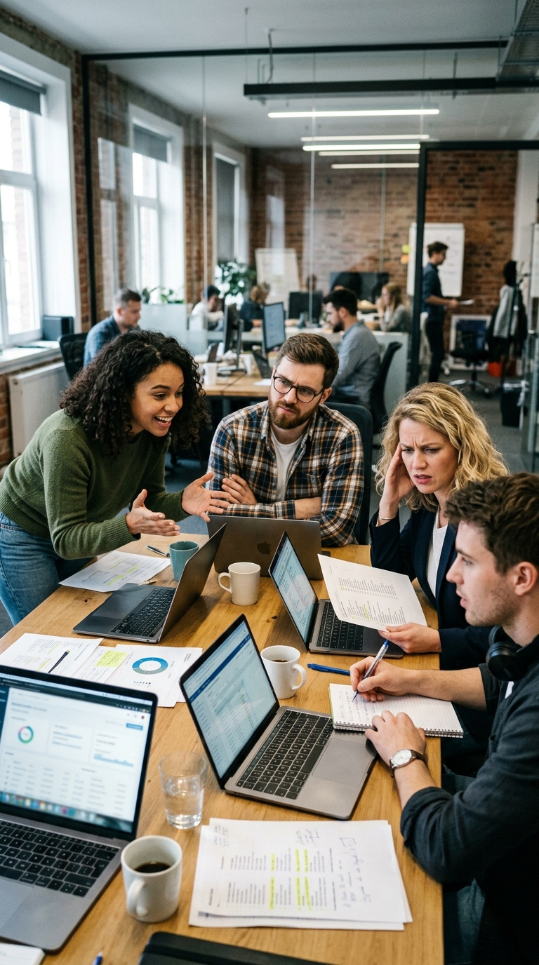 Sales team comparing contact databases side by side