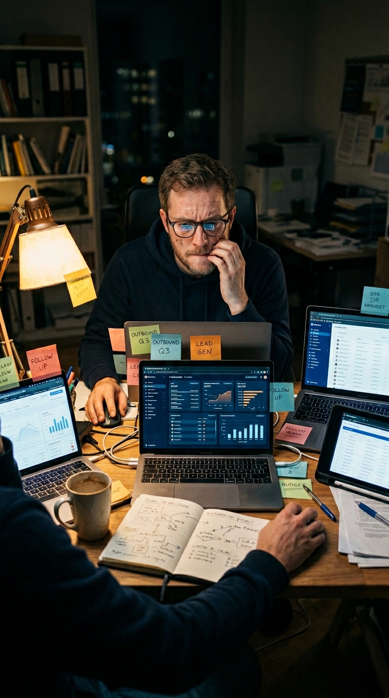 Founder overwhelmed at desk weighing Apollo, ZoomInfo, Hunter, and Snov